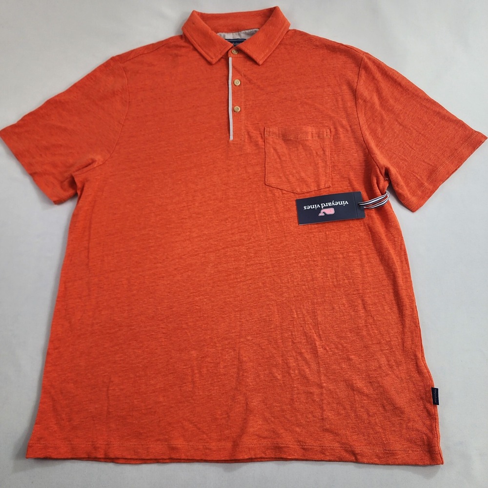Vineyard Vines Mens Linen Polo Shirt M Medium Jetty Red Orange 1G012801-628